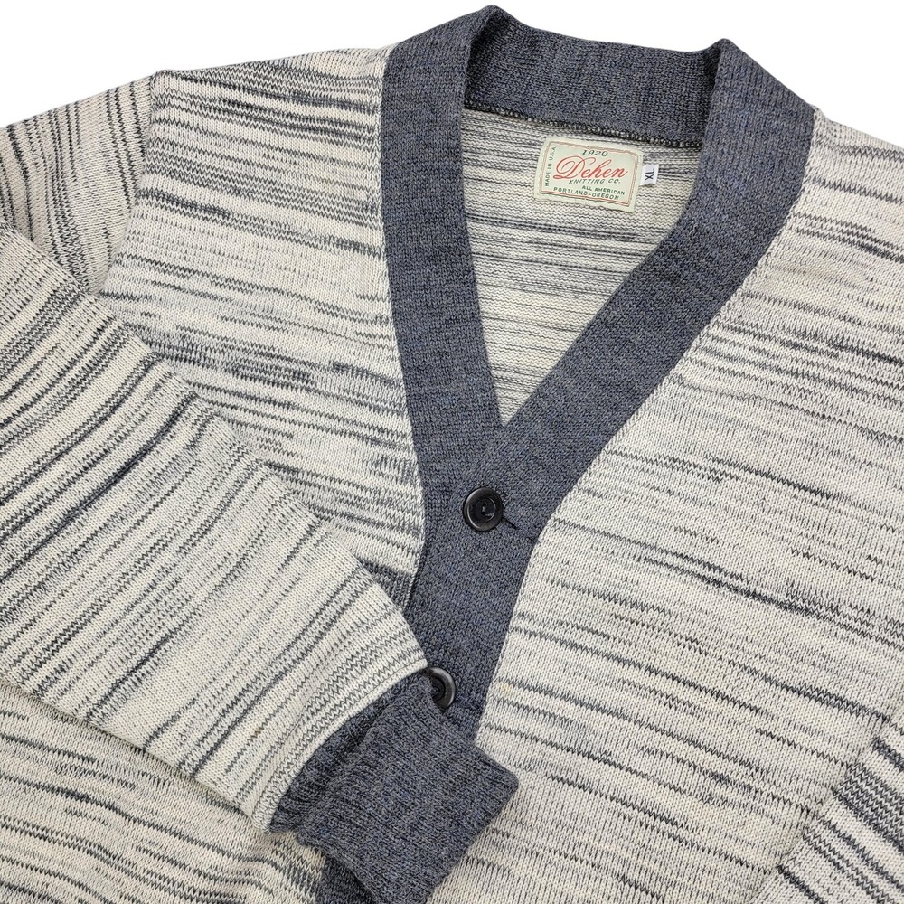 Dehen 1920 Knitting Co Sweater Mens XL Gray Beige Wool Striped Cardigan Made USA